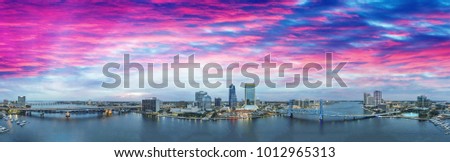 Jacksonville skyline at sunset, beautiful panoramic view of Florida.