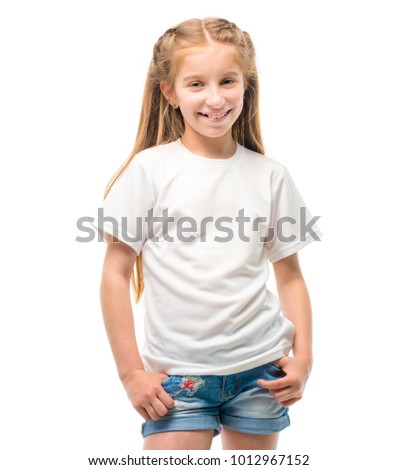 Little girl in white T-shirt for design template on white background. Blank copy space on casual T shirt.