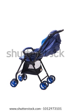 Blue pushchair isolated on white background