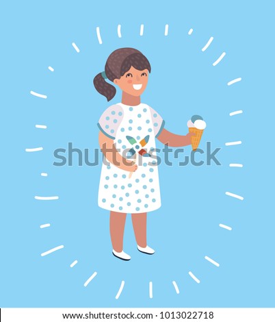 Vector cartoon illustration of little girl eating ice-cream and hold pinwheel illustration. Modern sytle human characters on blue isolation background.