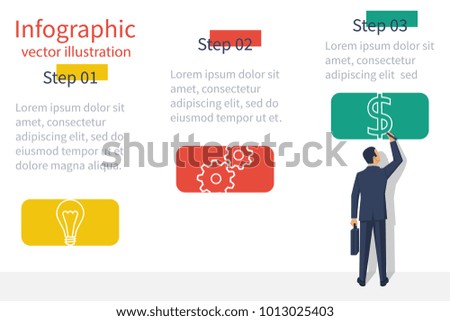 Presentation information structure. Template infographic. Business planing. Businessman is presenting a start-up on board. Vector illustration flat design. Isolated on white background. Step chart.