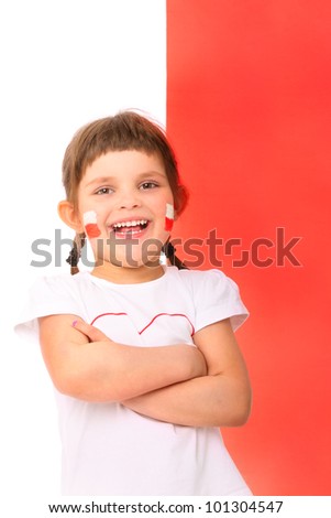 A picture of a Polish little girl in national colors smiling over the flag