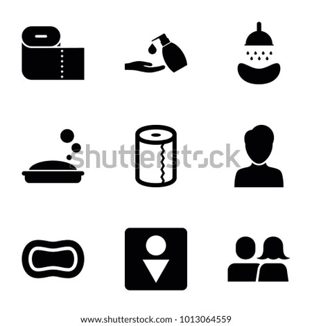 Bathroom icons. set of 9 editable filled bathroom icons such as soap, paper towel, liquid soap, male wc, man, man and woman