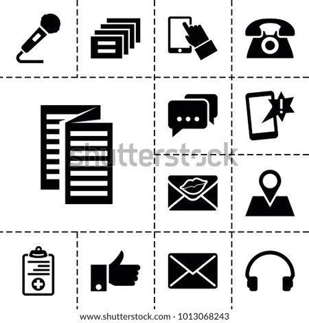 Communication icons. set of 13 editable filled communication icons such as mail, important message, location pin, love letter, message, headset, medical clipboard, news