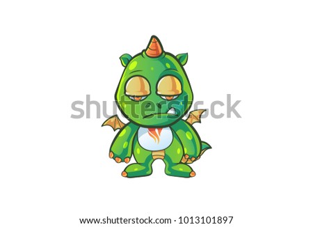 Vector cartoon illustration of cute baby dragon is tired. Isolated on white background.	