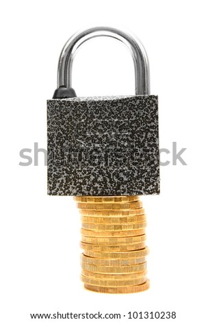 The lock and coins. On a white background.