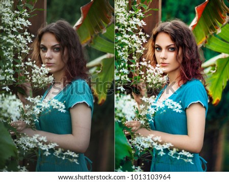 Concept editing, photo retouching. Before and after. Beautiful girl with curly hair near tiny white flowers in blooming garden. 