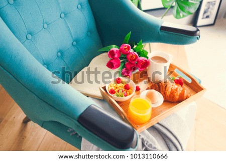 Healthy morning breakfast on tray top view close up
