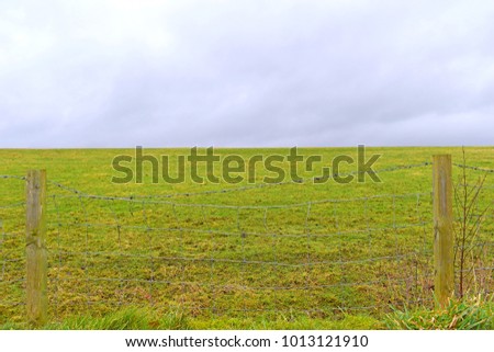 The barbed wire fence with wooden posts to separate the green grass field background white clouds sky, feeling cold, free space for texts. Concept Green field and cloudy sky.