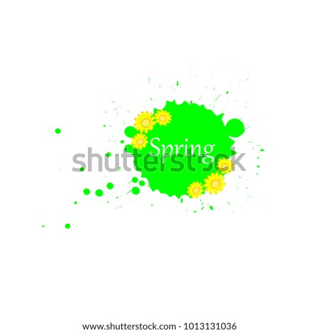  Ink green blot with word Spring isolated on white background. Vector illustration.