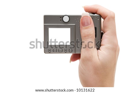 Back view on a womans hand holding a point and shoot camera. Isolated on a white background.