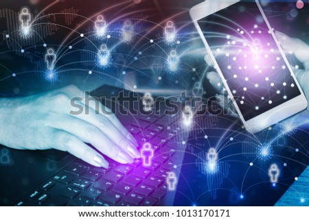 abstract business , technology computer and smart phone with icon of people connection in  background  