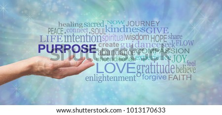Life's Purpose Word Cloud - female open palm hand with the word PURPOSE floating above surrounded by a relevant word tag cloud on a soft blue flowing energy background
