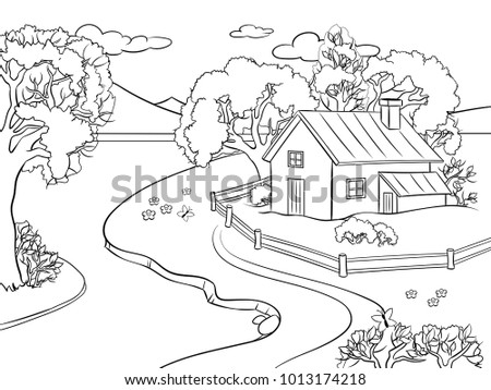 Summer landscape coloring vector illustration. Isolated image on white background. Comic book style imitation.