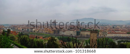 Panorama of Florence seen from Michelangelo square: Arno River, Dome, Cathedral, National Library.
