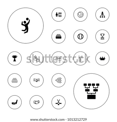 Editable vector team icons: group, structure, trophy, volleyball player, hockey, hockey stick and puck, baseball, handshake, volleyball on white background.