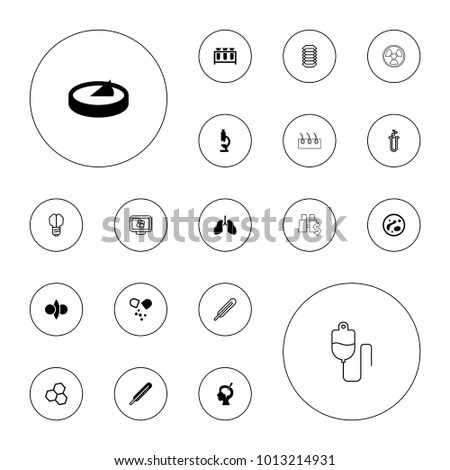 Editable vector science icons: microscope, brain surgery, pill, sundial, chemical structure, themometer, brain bulb, atom on display, heart test tube on white background.