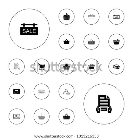 Editable vector purchase icons: credit card, shopping basket, sale, shopping cart, shopping bag, sale tag, auction on white background.