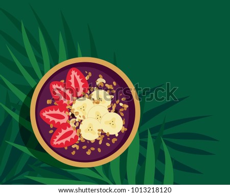 Tropical Acai Smoothie Bowl - Acai fruit energy bowl with strawberries, banana and granola topping. Refreshing and healthy meal over palm leaves on green background. Top view vector illustration Royalty-Free Stock Photo #1013218120