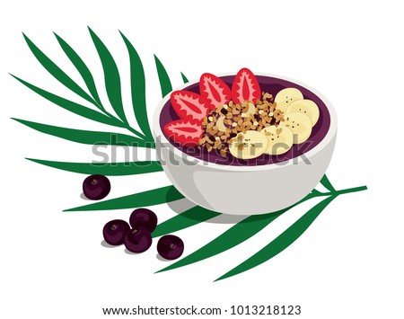 Power Summer Acai Bowl. Sweet and tropical fruit smoothie bowl with strawberries, banana and granola topping. A healthy breakfast over palm leaf with açai berries on the side. Isolated vector Royalty-Free Stock Photo #1013218123