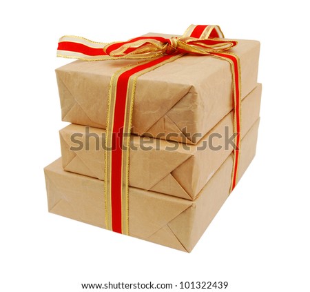 Gift paper box isolated on white background with reflection, package, recycle