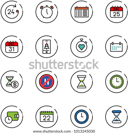 line vector icon set - 24 hours vector, alarm clock, schedule, 25 dec calendar, 31, christmas mobile, stopwatch heart, account history, no parking even road sign, sand, time, wallet