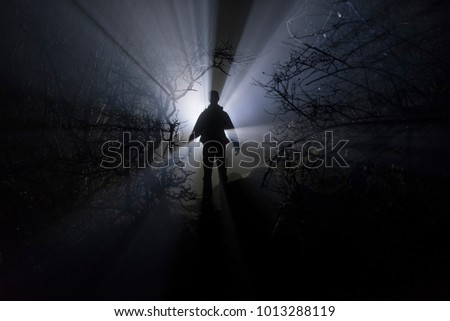 Silhouette of a man, in the rays of light in a branchy forest in the dark.