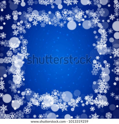 Christmas background with white snowflakes and sparkles. Winter sales, New Year and Christmas background for party invitation, banner, gift cards, retail offers. Falling snow. Frosty winter backdrop.