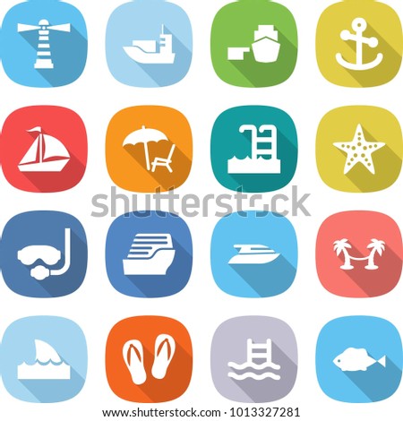 flat vector icon set - lighthouse vector, sea shipping, port, anchor, sail boat, lounger, pool, starfish, diving mask, cruise ship, yacht, palm hammock, shark flipper, flip flops, fish