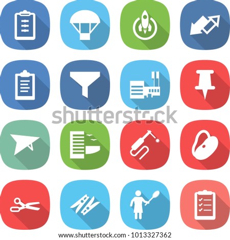 flat vector icon set - clipboard vector, parachute, rocket, up down arrow, funnel, mall, pin, deltaplane, hotel, welding, beans, scissors, clothespin, woman with duster, list