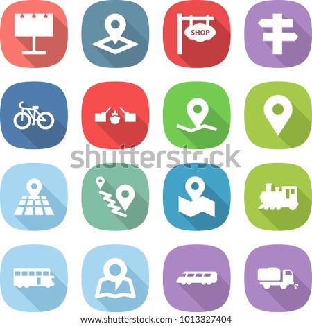 flat vector icon set - billboard vector, pointer, shop signboard, singlepost, bike, drawbridge, geo pin, map, route, train, bus, speed, sweeper