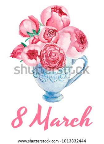 Watercolor card with blue cup and peonies "8 March"