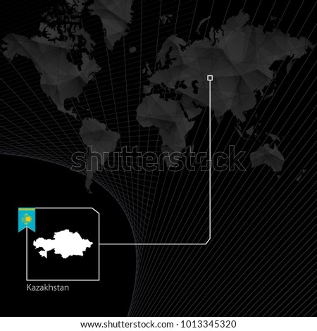 Kazakhstan on black World Map. Map and flag of Kazakhstan.