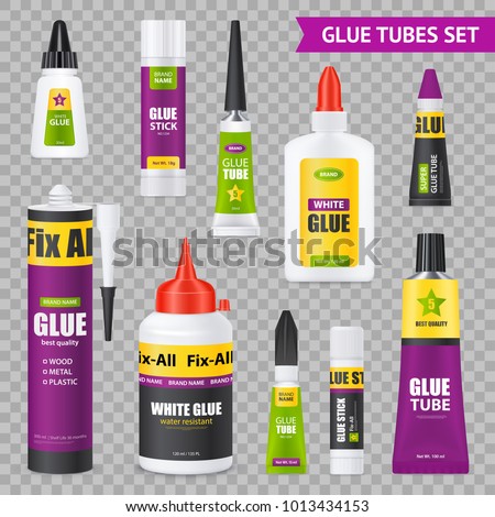 Glue sticks bottles tubes with various types adhesives realistic images set on gray transparent background vector illustration  Royalty-Free Stock Photo #1013434153