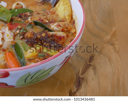 Closeup of spicy noodles soup, Tomyum