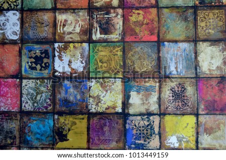 Vintage Abstract Pattern of Painted Squares, Close Up, Every Square is a Different Design Royalty-Free Stock Photo #1013449159