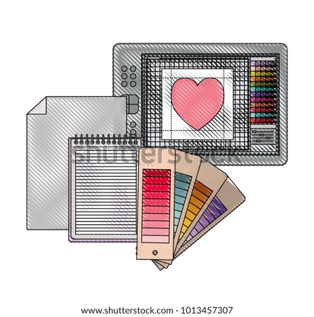 tablet digitizer and palette color guide and notebook in colored crayon silhouette