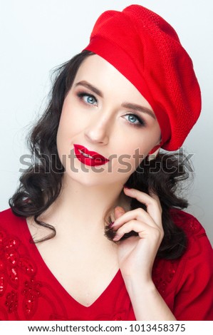 Portrait of young woman - isolated photo.  French hairstyle and make up. Beauty Girl portrait, professional makeup, red lipstick