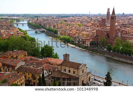 Panoramic view of Verona, Italy (are visible the Santa Anastasia Church and the Lamberti Tower) Royalty-Free Stock Photo #101348998