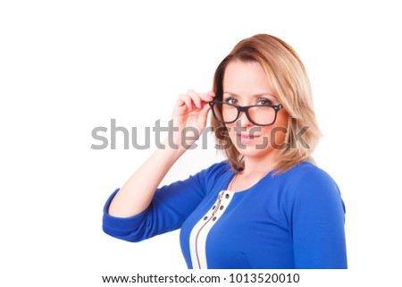 Portrait of a woman in glasses and blue dress, isolated on white background