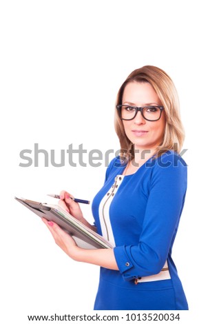 Portrait of a woman in glasses and with folder in her hands, isolated on white background