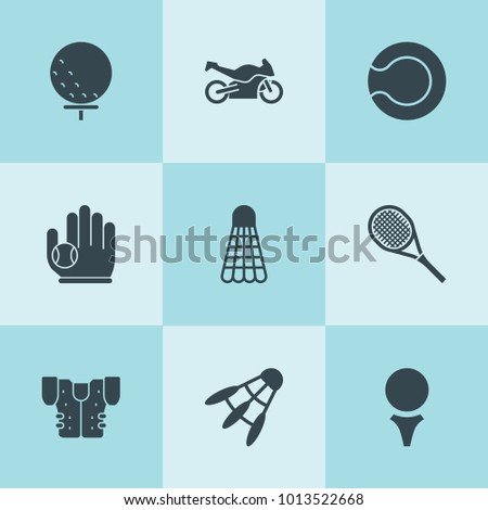 Set of 9 tournament filled icons such as golf ball, tennis, tennis ball, american football jacket, baseball glove and ball, shuttlecock