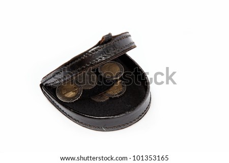Black purse with metal coins on white background.