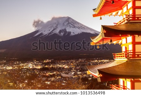 Pictures of Fuji Volcano in the beautiful Japanese winter evening