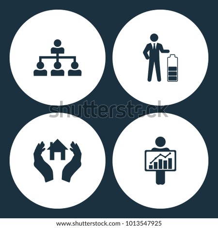 Vector Illustration Set Business Icons. Elements of Company structure, Businessman in low power, House in hand and Figure Holding board icon on white background