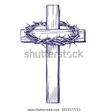 crown of thorns, wooden cross. Easter . symbol of Christianity hand drawn vector illustration sketch