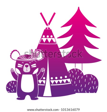 color silhouette bear animal with camp next to bush and pine tree
