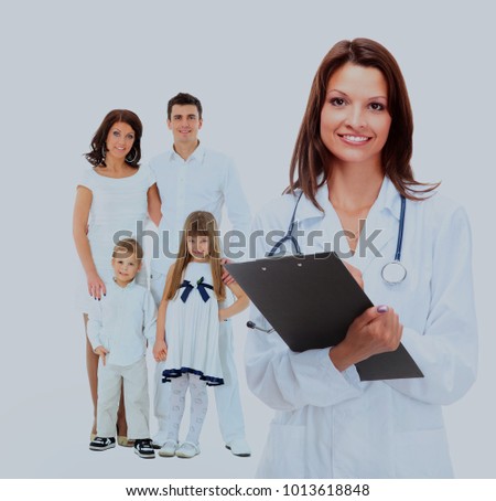 female family doctor on the background of a happy family.