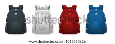 Vector Colorful School Backpacks. Backpacks for schoolchildren, students, travellers and tourists. Back to School rucksack flat vector illustrations isolated on white. Royalty-Free Stock Photo #1013630626