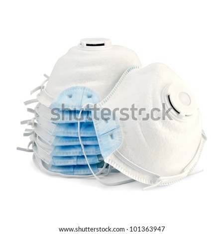 A stack of white with blue detail disposable respirators isolated on white background Royalty-Free Stock Photo #101363947